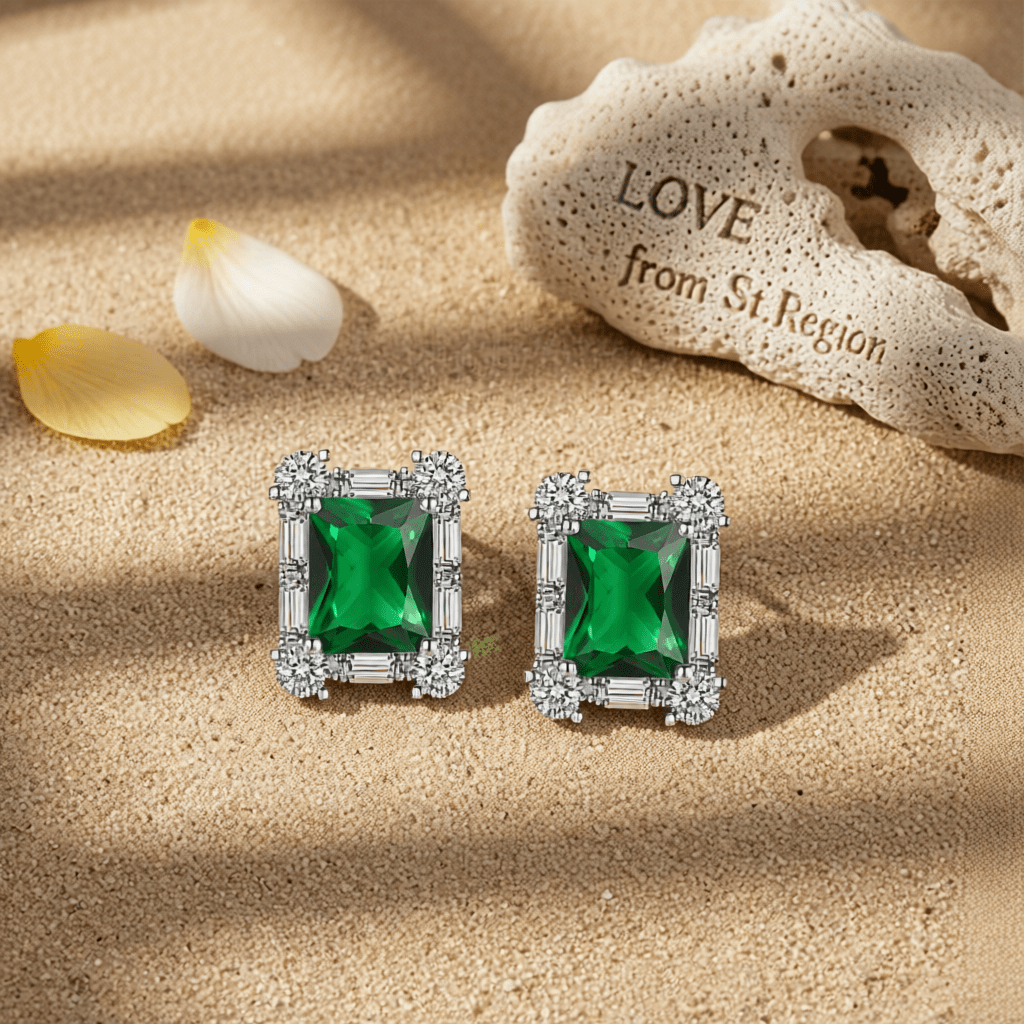 Green Crystal & Cubic Zirconia Silvertone Rectangular Stud Earrings