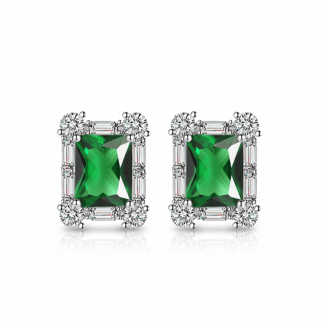 Green Crystal & Cubic Zirconia Silvertone Rectangular Stud Earrings