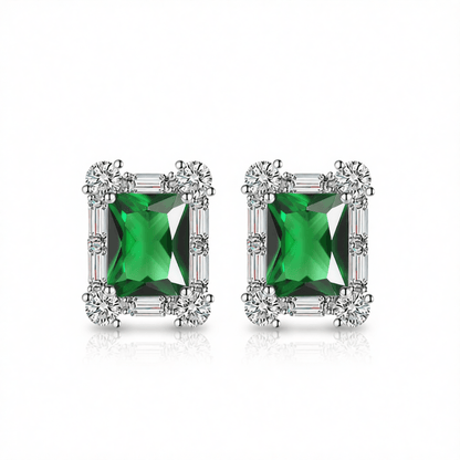 Green Crystal & Cubic Zirconia Silvertone Rectangular Stud Earrings