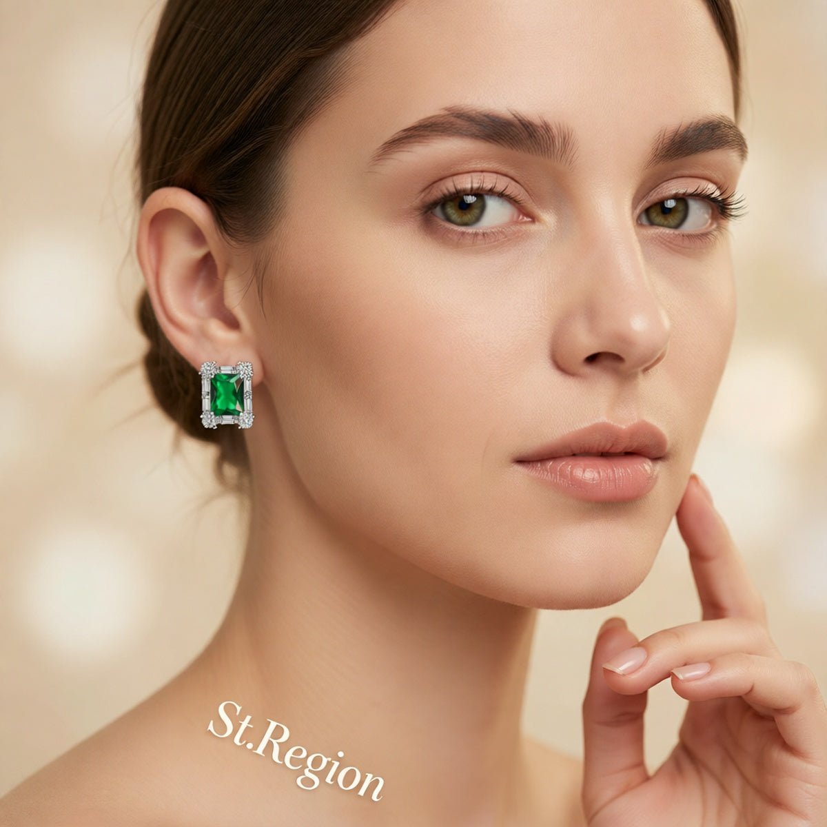 Green Crystal & Cubic Zirconia Silvertone Rectangular Stud Earrings
