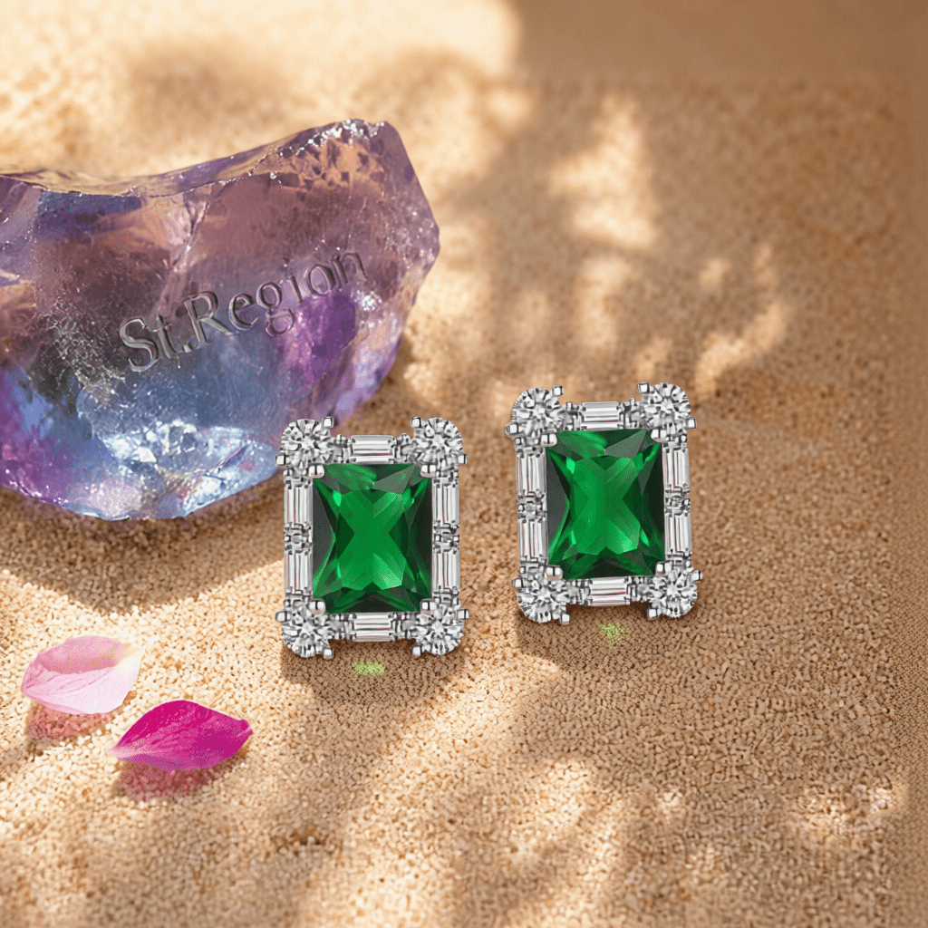 Green Crystal & Cubic Zirconia Silvertone Rectangular Stud Earrings