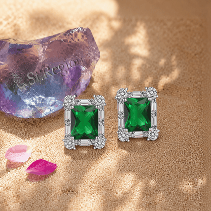 Green Crystal & Cubic Zirconia Silvertone Rectangular Stud Earrings