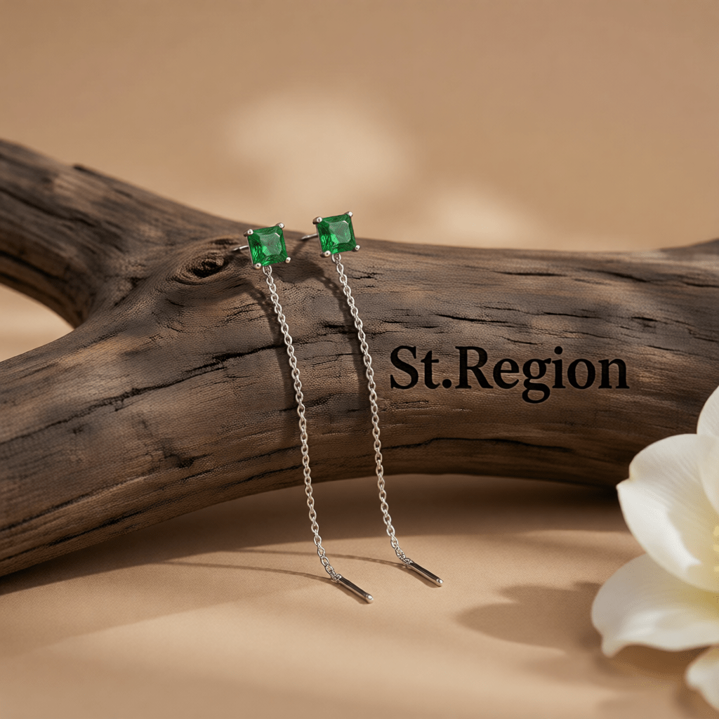 Green Crystal and Silvertone Cube Threader Earrings, elegant gift for her, front view