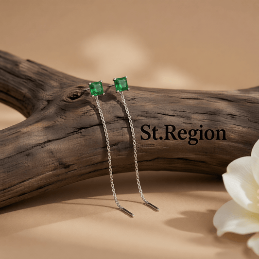 Green Crystal & Silvertone Cube Threader Earrings
