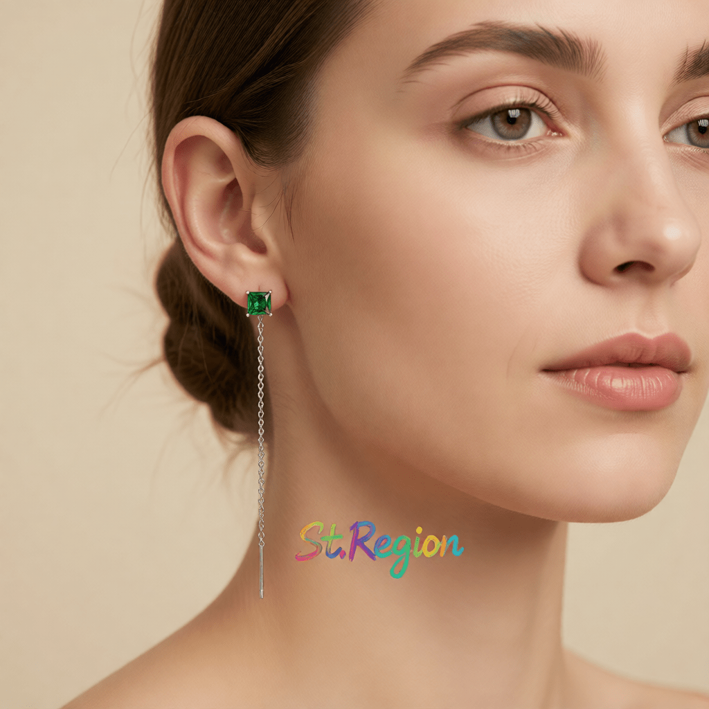 Green Crystal and Silvertone Cube Threader Earrings, elegant gift for her, styled look