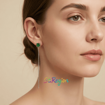 Green Crystal and Silvertone Cube Threader Earrings, elegant gift for her, styled look