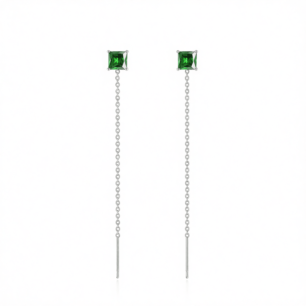 Green Crystal and Silvertone Cube Threader Earrings, elegant gift for her, side view