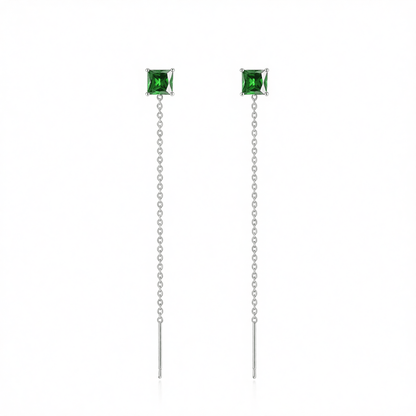 Green Crystal and Silvertone Cube Threader Earrings, elegant gift for her, side view