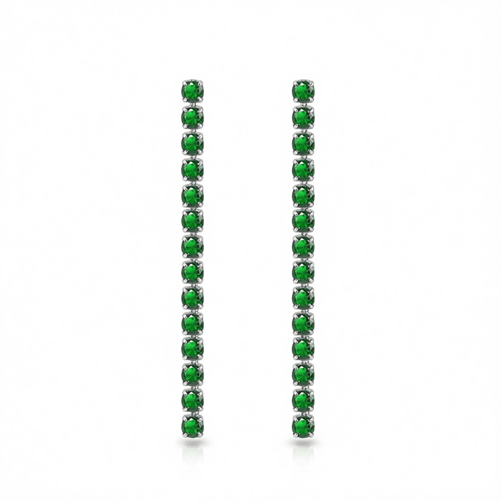 Green Cubic Zirconia and Silvertone Tassel Drop Earrings, silver drop earrings for women, elegant gift for her, side view
