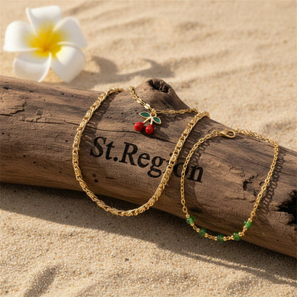 Green Quartz & Enamel Goldtone Cherry Charm Anklet Set - Street Region
