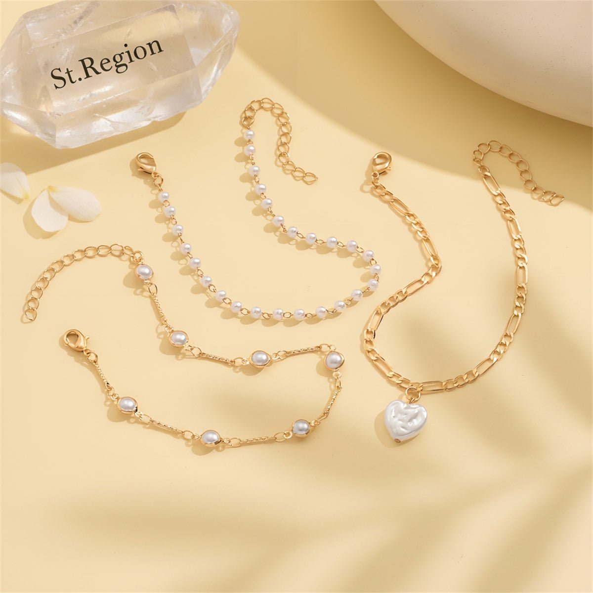 Heart-Shape Pearl & Goldtone Beads Chain Bar Station Anklet Set - Street Region