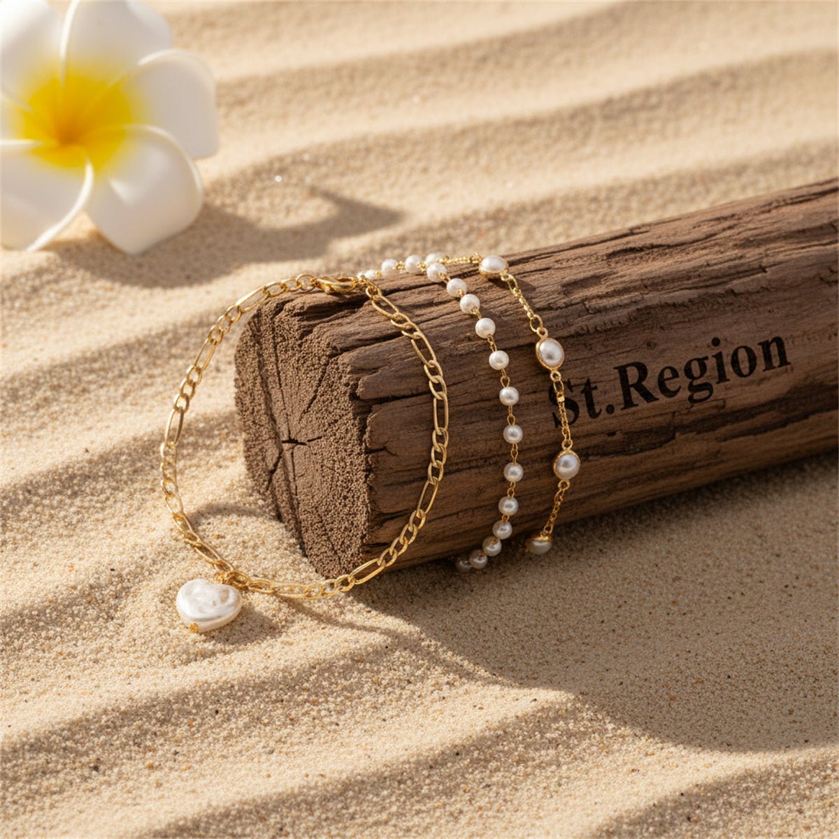 Heart-Shape Pearl & Goldtone Beads Chain Bar Station Anklet Set - Street Region
