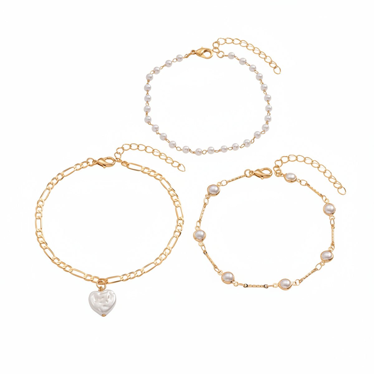 Heart-Shape Pearl & Goldtone Beads Chain Bar Station Anklet Set - Street Region