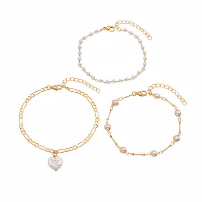Heart-Shape Pearl & Goldtone Beads Chain Bar Station Anklet Set - Street Region