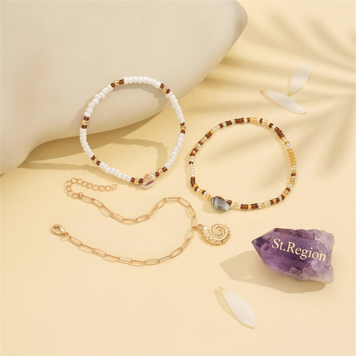 Howlite & Acrylic Goldtone Beads Chain Shell Charm Stretch Anklet Set - Street Region
