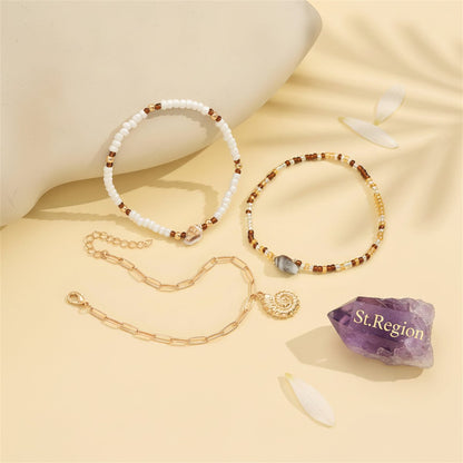 Howlite & Acrylic Goldtone Beads Chain Shell Charm Stretch Anklet Set - Street Region