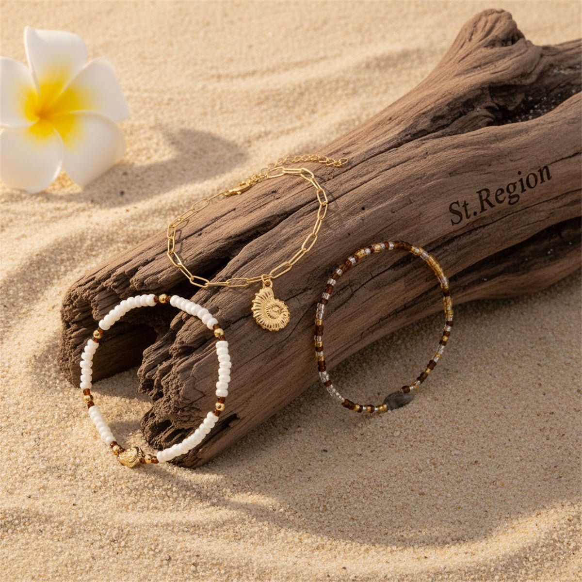 Howlite & Acrylic Goldtone Beads Chain Shell Charm Stretch Anklet Set - Street Region