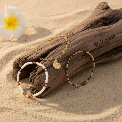 Howlite & Acrylic Goldtone Beads Chain Shell Charm Stretch Anklet Set - Street Region