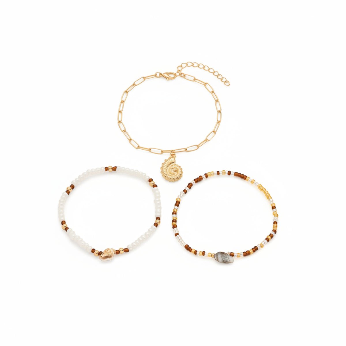 Howlite & Acrylic Goldtone Beads Chain Shell Charm Stretch Anklet Set - Street Region