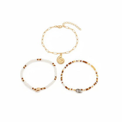 Howlite & Acrylic Goldtone Beads Chain Shell Charm Stretch Anklet Set - Street Region