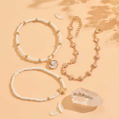 Howlite and Enamel Pearl Goldtone Shell Starfish Charm Stretch Anklet Set, jewelry gift sets for women, lifestyle look