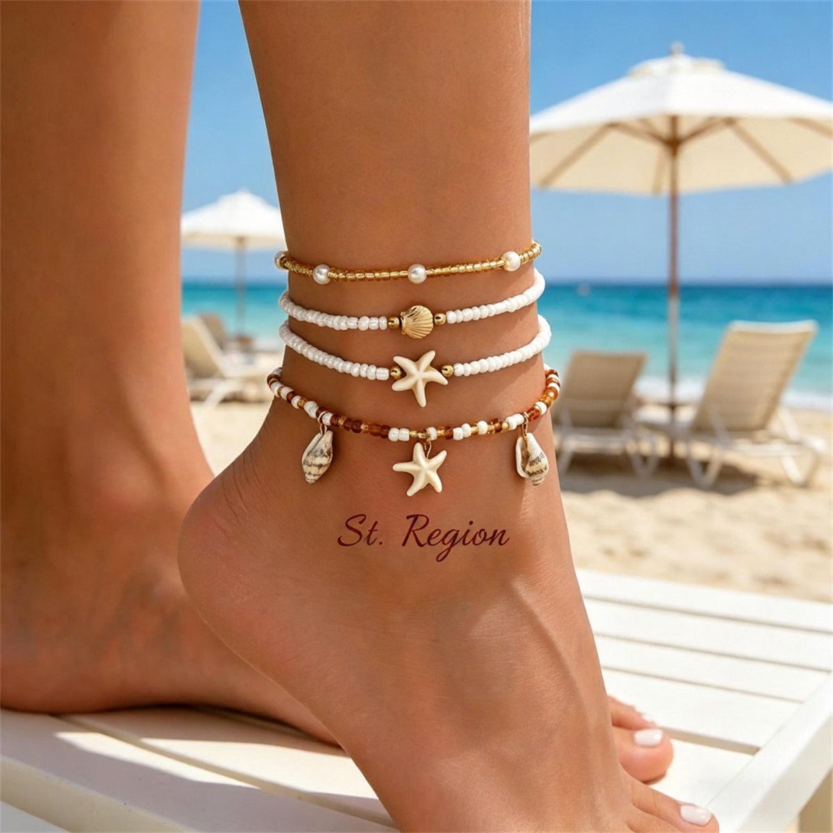 Howlite & Shell Resin Goldtone Shell Charm Stretch Anklet Set - Street Region