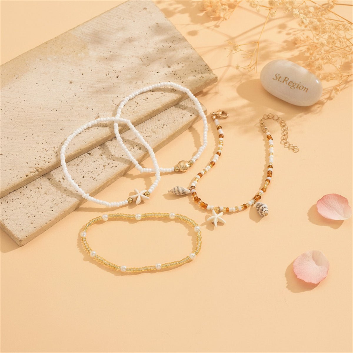 Howlite & Shell Resin Goldtone Shell Charm Stretch Anklet Set - Street Region