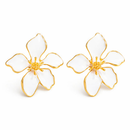 White Enamel & Goldtone Flower Stud Earrings