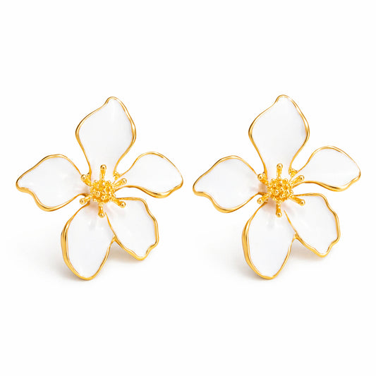 White Enamel & Goldtone Flower Stud Earrings