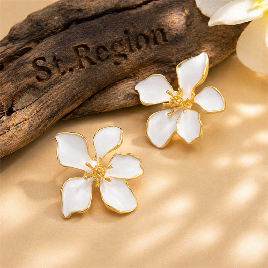 White Enamel & Goldtone Flower Stud Earrings