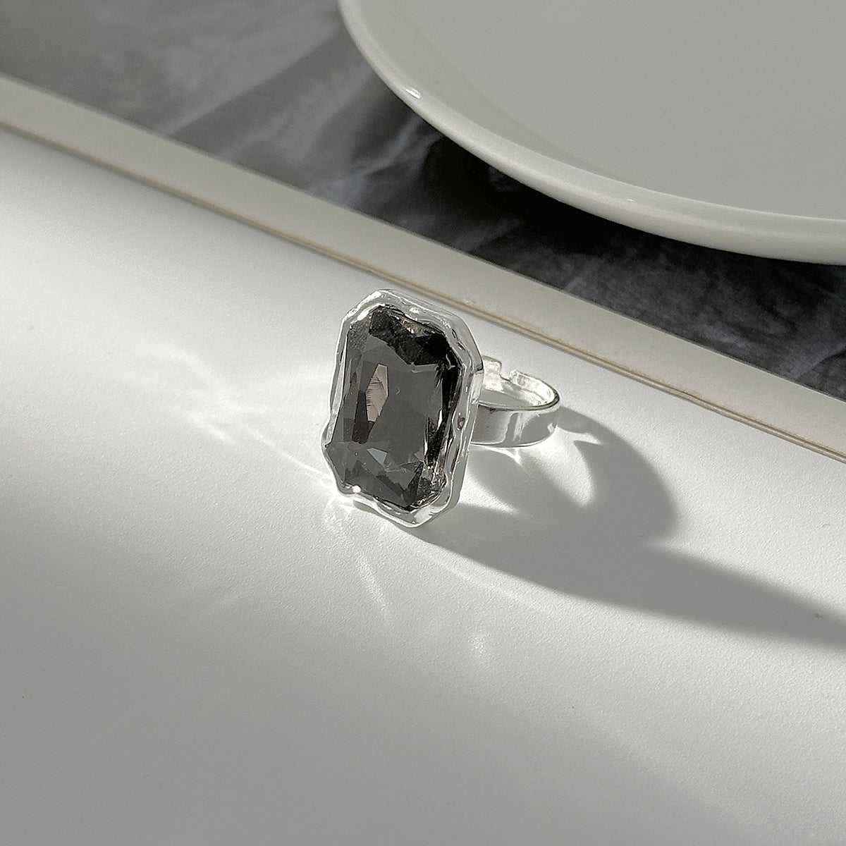 Gray Crystal and Silvertone Radiant Open Ring, everyday style, side view
