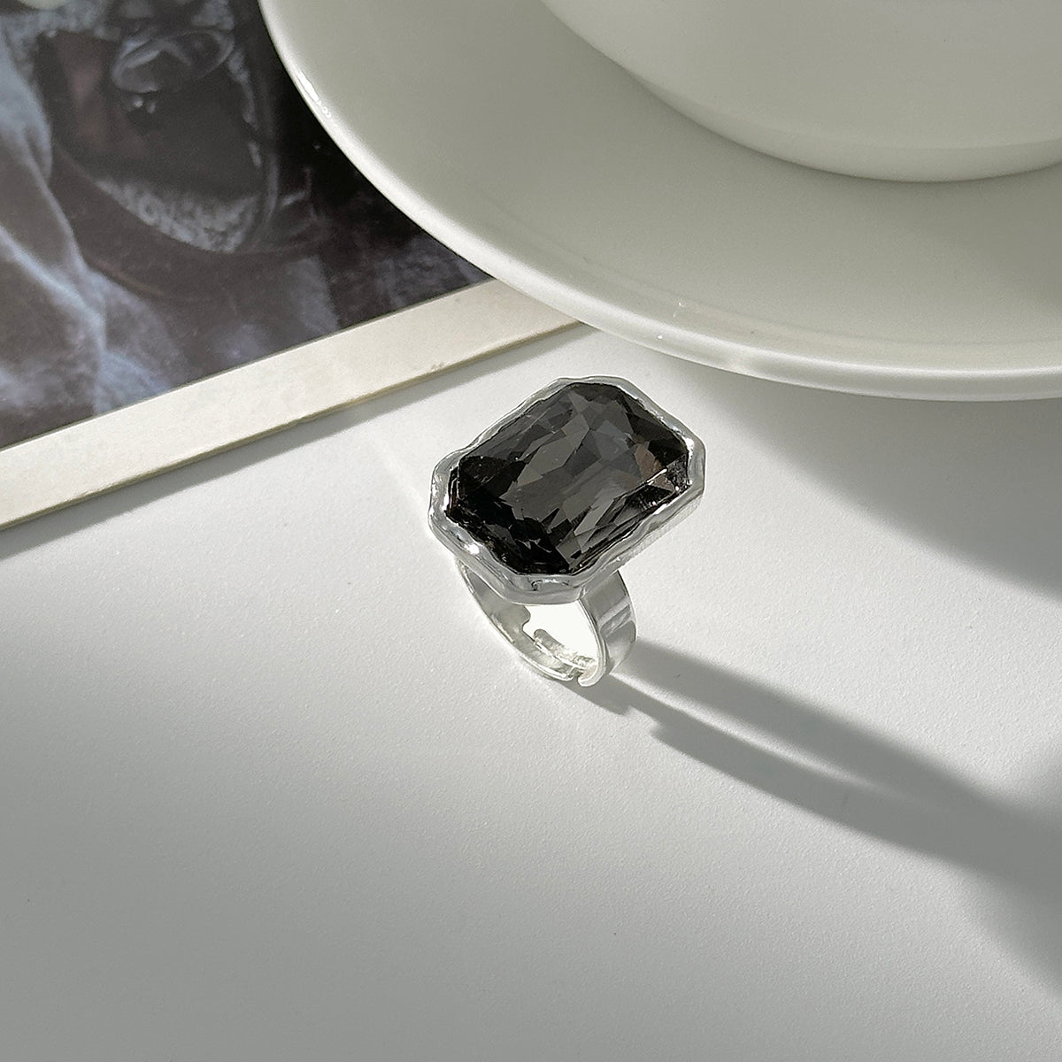 Gray Crystal and Silvertone Radiant Open Ring, everyday style, detail close-up
