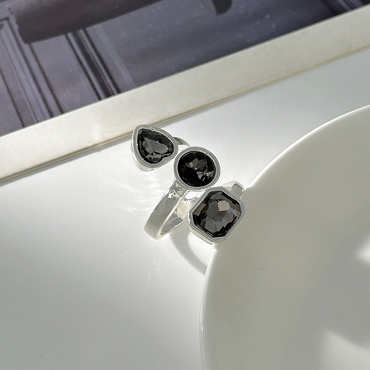 Gray Crystal and Silvertone Geometric Bypass Ring, elegant gift for her, detail close-up