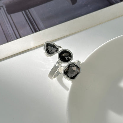 Gray Crystal and Silvertone Geometric Bypass Ring, elegant gift for her, detail close-up