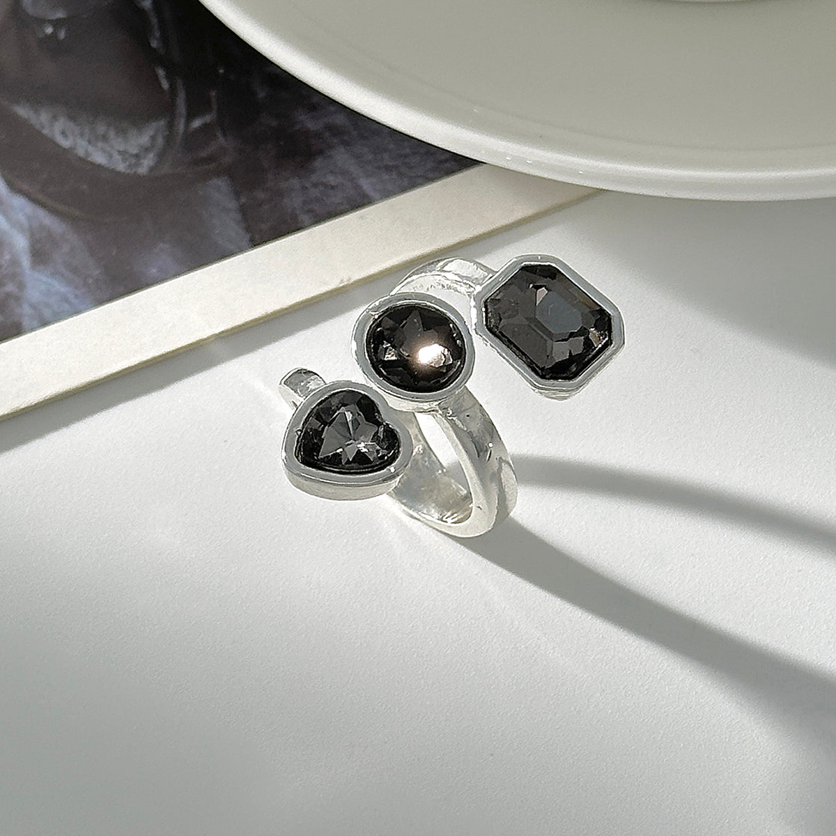Gray Crystal and Silvertone Geometric Bypass Ring, elegant gift for her, side view