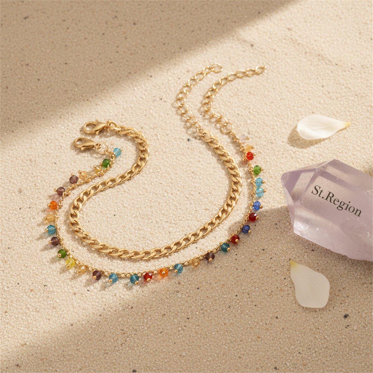 Multi-Colored Acrylic & Goldtone Beads Tassel Anklet Set - Street Region
