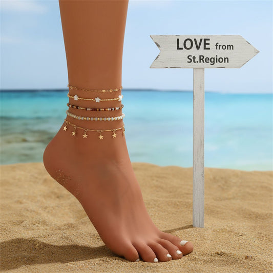 Multi-Colored Acrylic and Howlite Goldtone Beads Chain Star Tassel Anklet Set, jewelry gift sets for women, front view