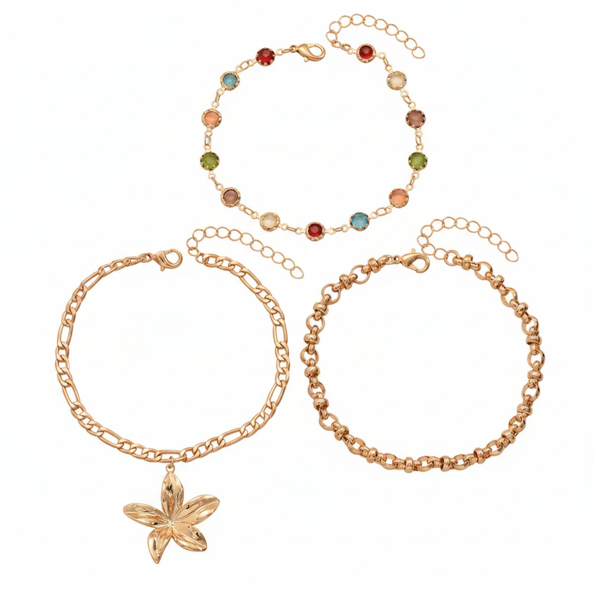 Multi-Colored Crystal & Goldtone Round Station Flower Charm Anklet Set - Street Region