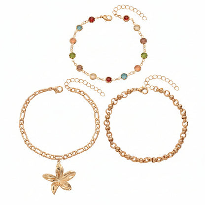 Multi-Colored Crystal & Goldtone Round Station Flower Charm Anklet Set - Street Region