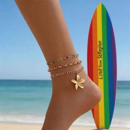 Multi-Colored Crystal & Goldtone Round Station Flower Charm Anklet Set - Street Region