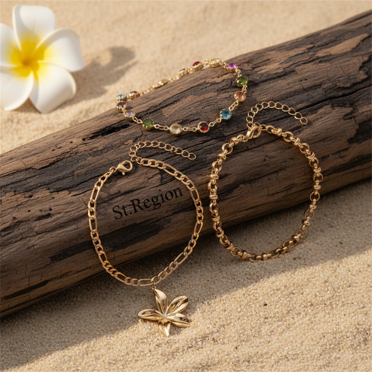 Multi-Colored Crystal & Goldtone Round Station Flower Charm Anklet Set - Street Region