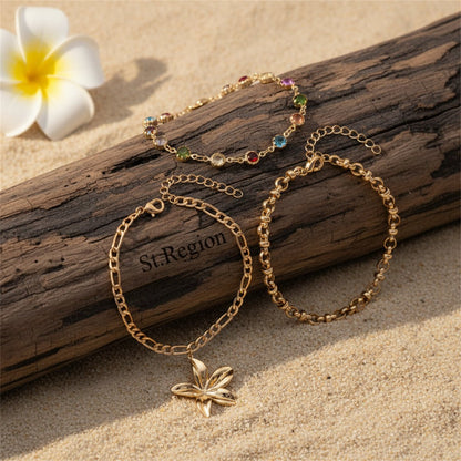 Multi-Colored Crystal & Goldtone Round Station Flower Charm Anklet Set - Street Region