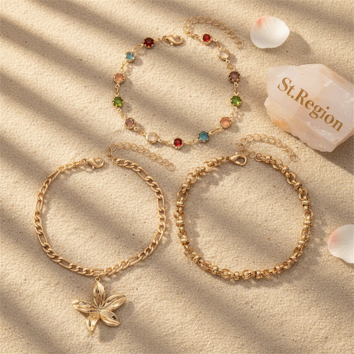 Multi-Colored Crystal & Goldtone Round Station Flower Charm Anklet Set - Street Region