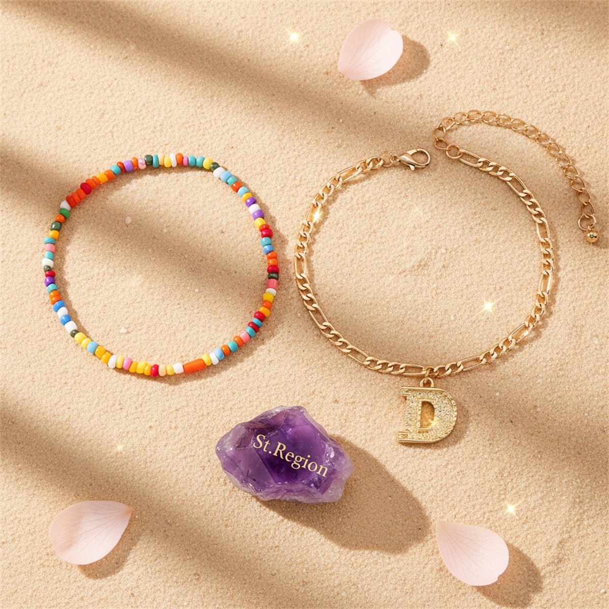 Multi-Colored Howlite & Goldtone Beads Chain Letter 'D' Charm Anklet Set - Street Region