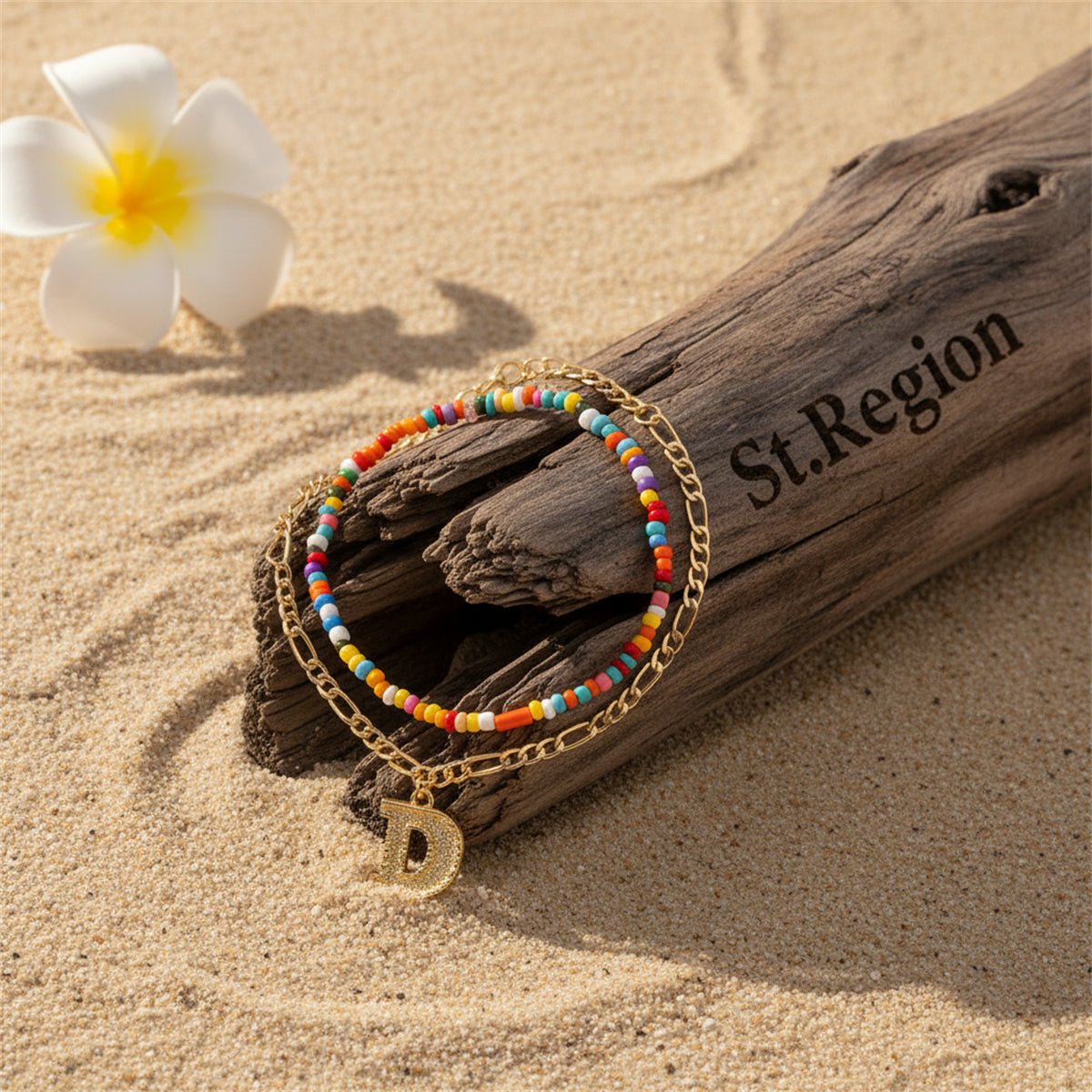 Multi-Colored Howlite & Goldtone Beads Chain Letter 'D' Charm Anklet Set - Street Region