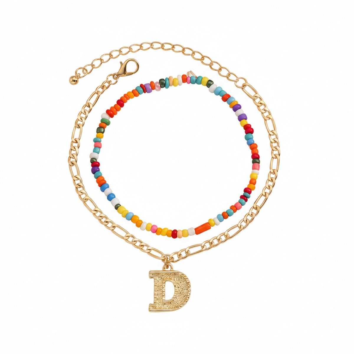 Multi-Colored Howlite & Goldtone Beads Chain Letter 'D' Charm Anklet Set - Street Region