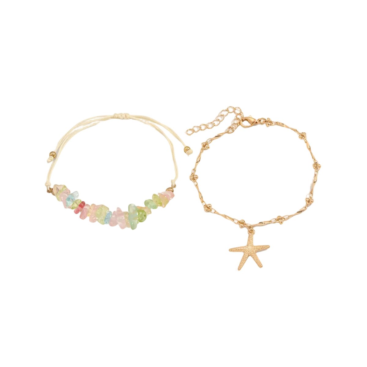 Multi-Colored Quartz & Polyster Goldtone Starfish Charm Anklet Set - Street Region