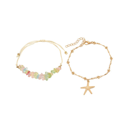 Multi-Colored Quartz & Polyster Goldtone Starfish Charm Anklet Set - Street Region