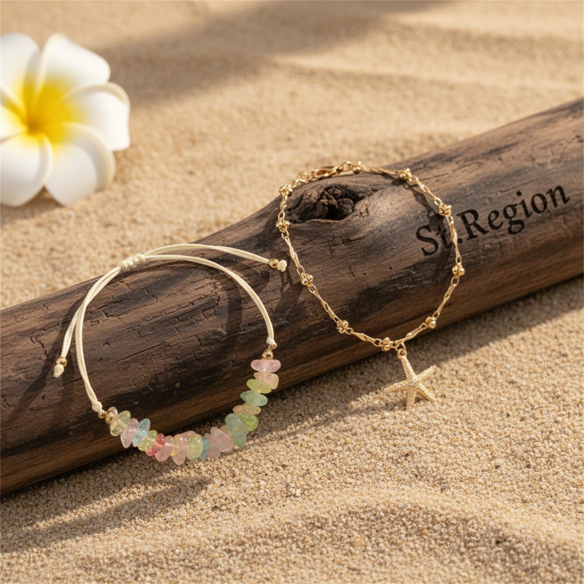 Multi-Colored Quartz & Polyster Goldtone Starfish Charm Anklet Set - Street Region