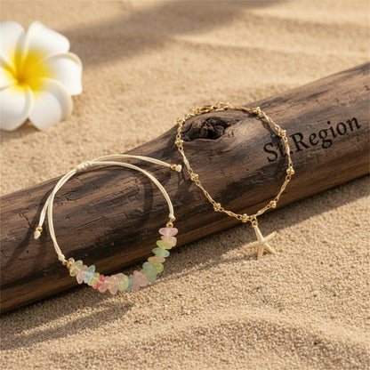 Multi-Colored Quartz & Polyster Goldtone Starfish Charm Anklet Set - Street Region